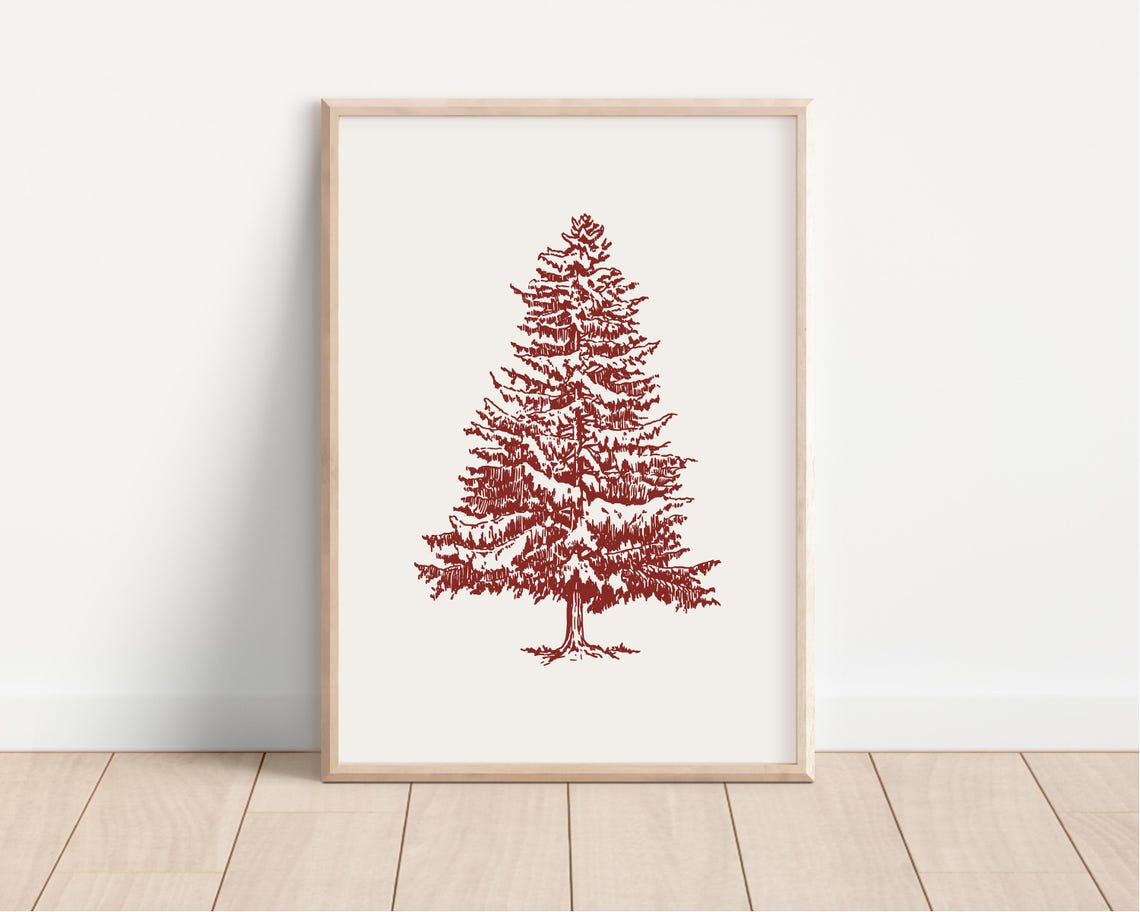 Red Christmas Tree Line Drawing Cream Minimal Holiday Decor Poster - Image 3