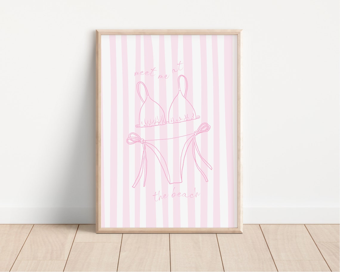 Meet Me At The Beach Pink Bikini Striped Coastal Summer Wall Poster - Image 4