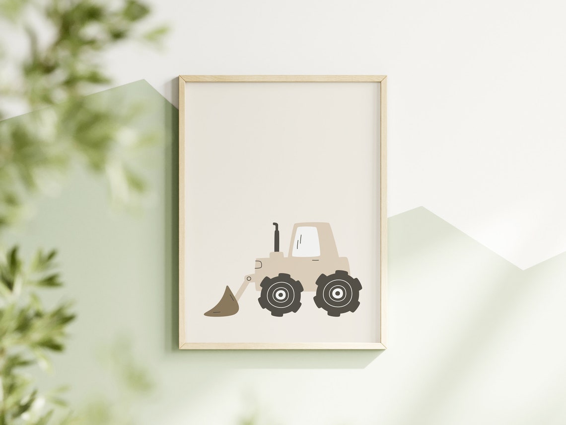 Beige Digger Nursery Decor Neutral Construction Vehicle Poster