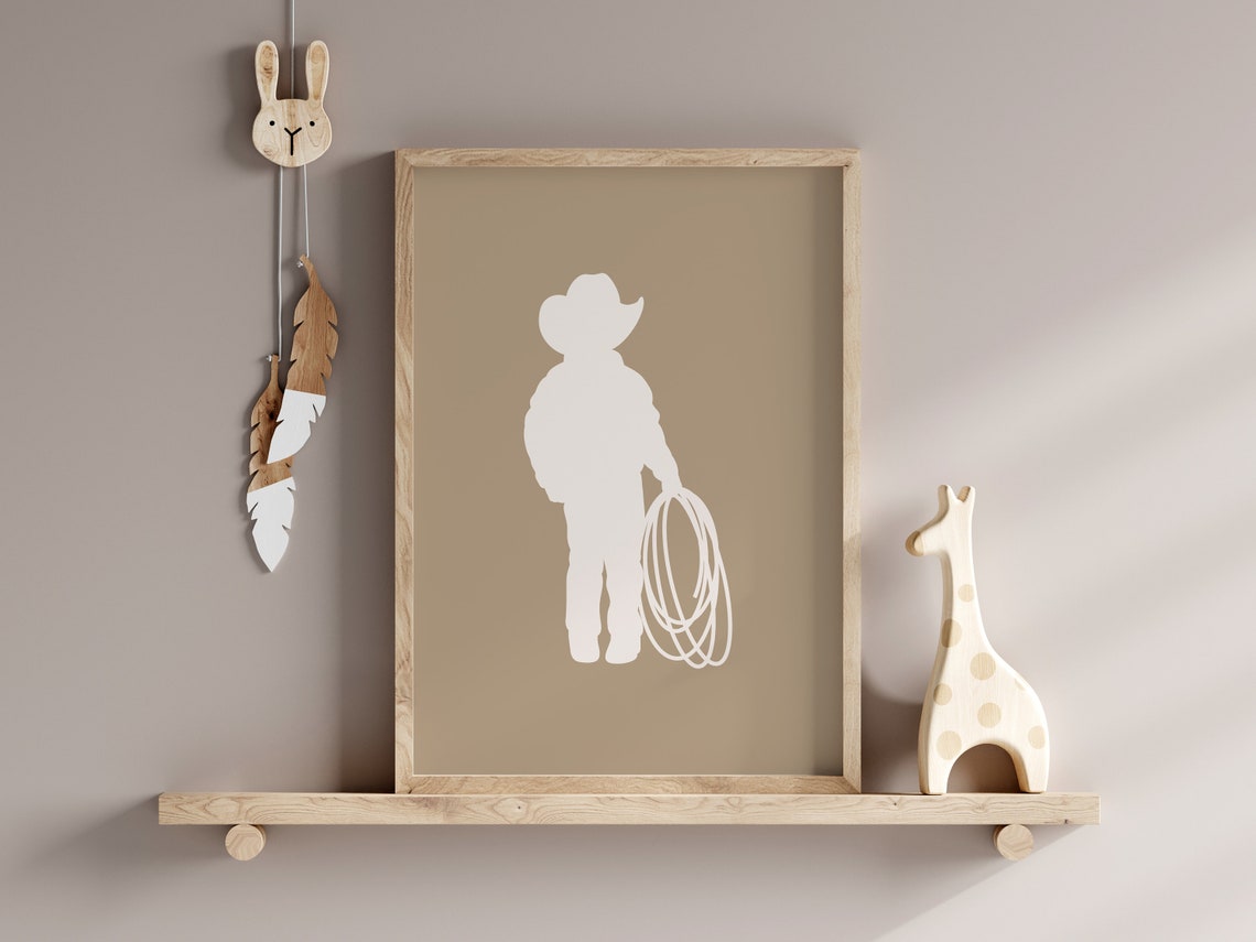 Cowboy Boy Lasso Silhouette Tan Western Boys Nursery Print Decor - Image 2