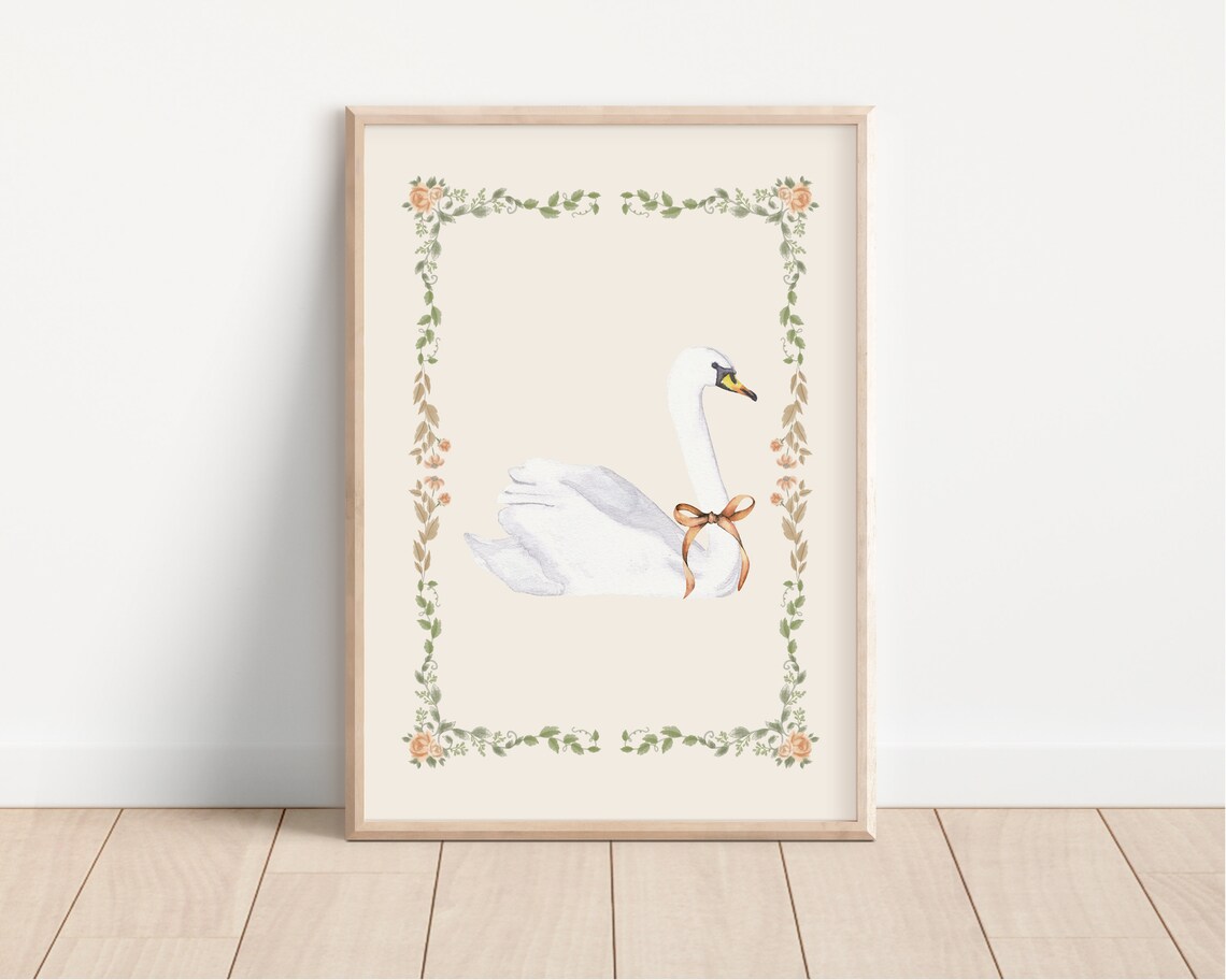 White Swan Watercolor With Bow Roses Vine Border Nursery Art Poster - Image 2