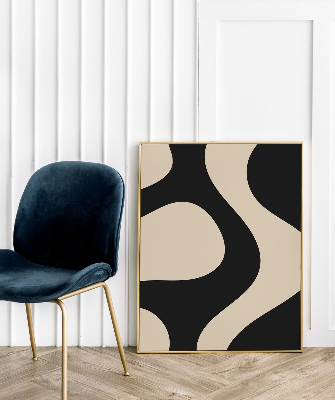 Black Cream Bold Wavy Abstract Shapes Modern Minimalist Art Poster - Image 2