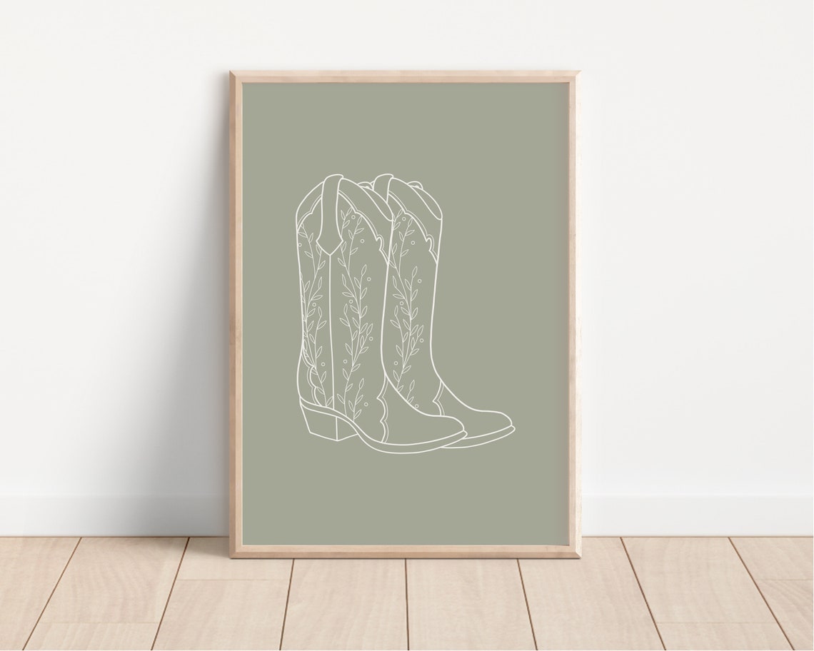 Sage Green Cowboy Boots Line Art Poster Western Floral Outline Design - Image 3