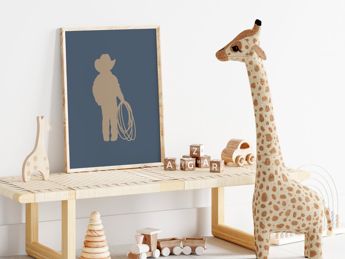 Cowboy Kid Silhouette Lasso Navy Nursery Western Boys Room Poster