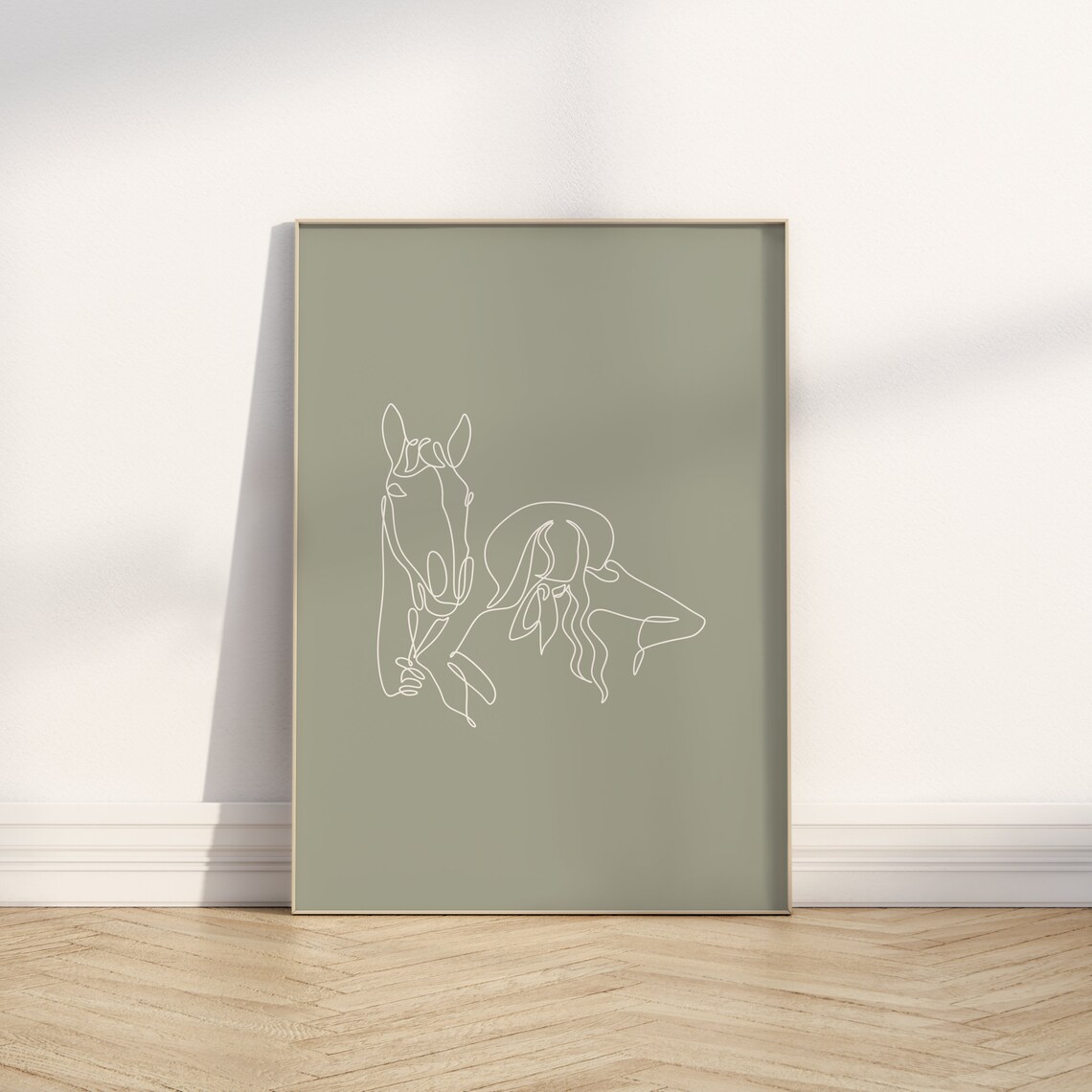 Cowgirl and Horse Single Line Drawing Sage Green Western Decor Poster