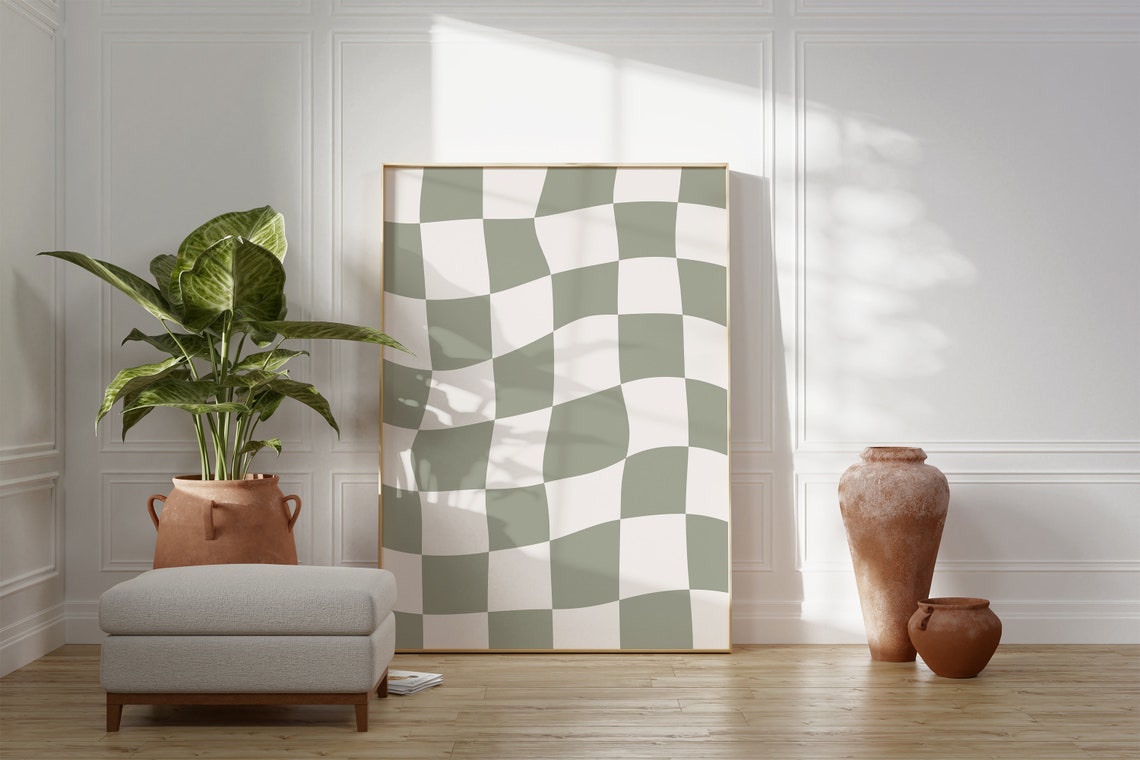 Sage Green Wavy Checkerboard Trendy Retro Checker Pattern Poster - Image 2