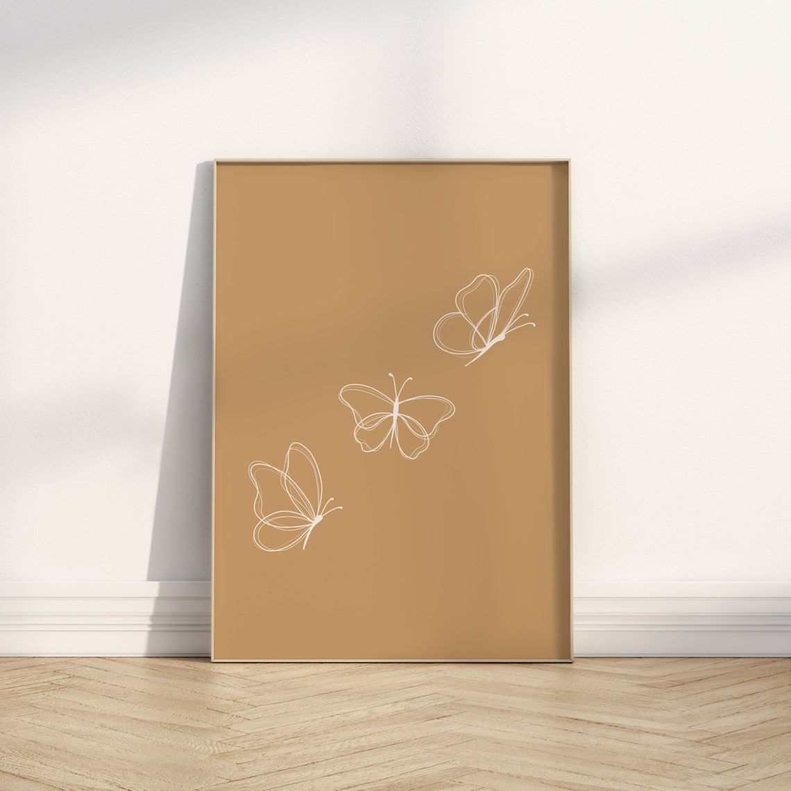 White Butterfly Line Art Trio Tan Minimalist Nursery Print Decor - Image 2