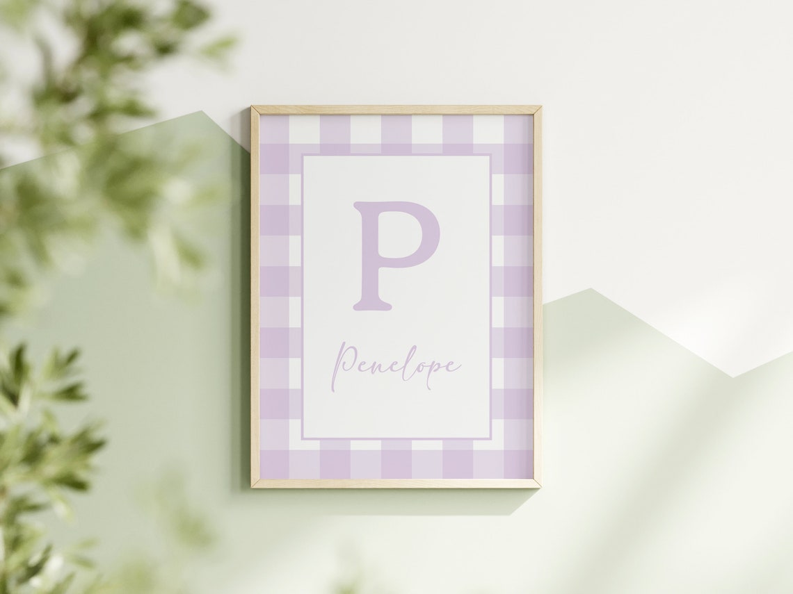 Penelope Personalized Letter P Lilac Gingham Nursery Name Poster