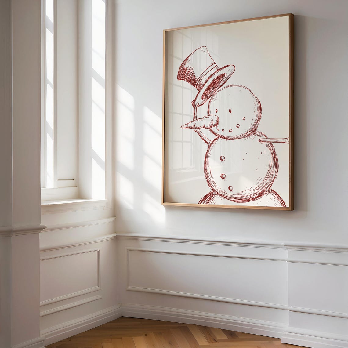 Red Ink Snowman Top Hat Sketch Vintage Christmas Holiday Art Print