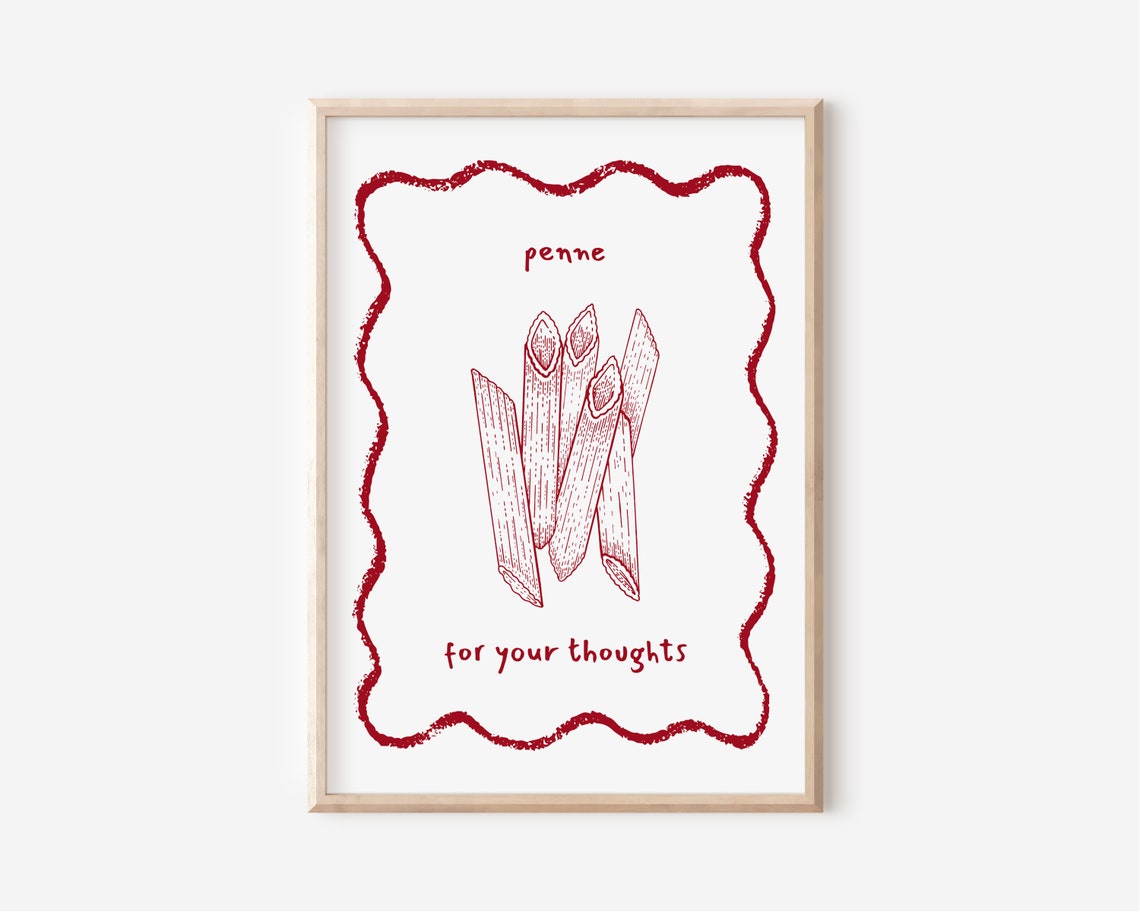 Penne For Your Thoughts Pasta Poster Red Kitchen Funny Food Art Design - Image 2