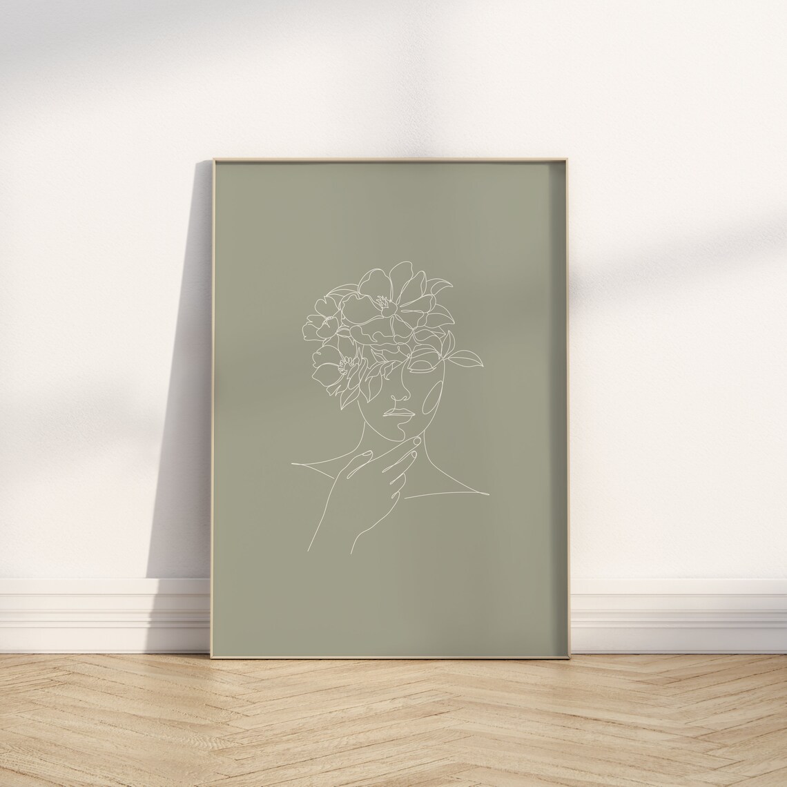 Woman Face Floral Line Art Sage Green Feminine Minimalist Poster - Image 3