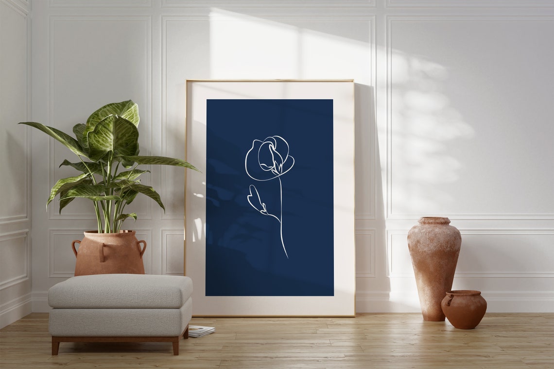 Navy Blue Botanical Line Art Poster Simple White Blossom Drawing - Image 3