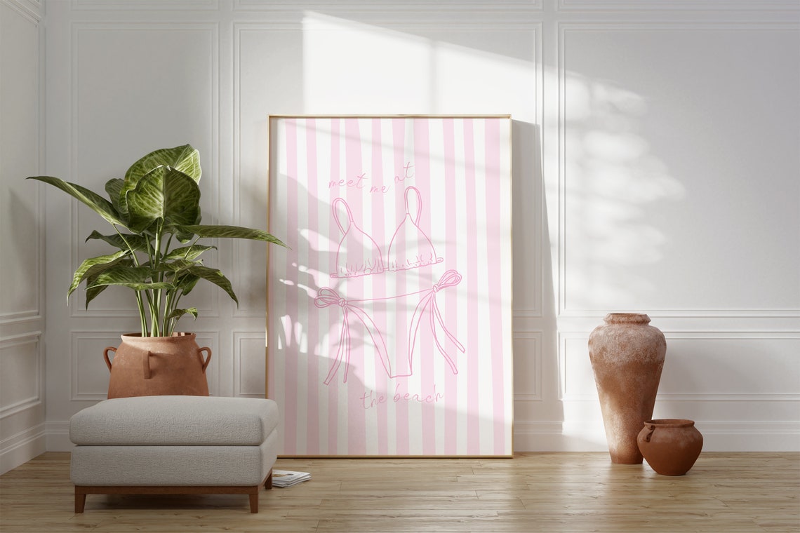 Meet Me At The Beach Pink Bikini Striped Coastal Summer Wall Poster - Image 2