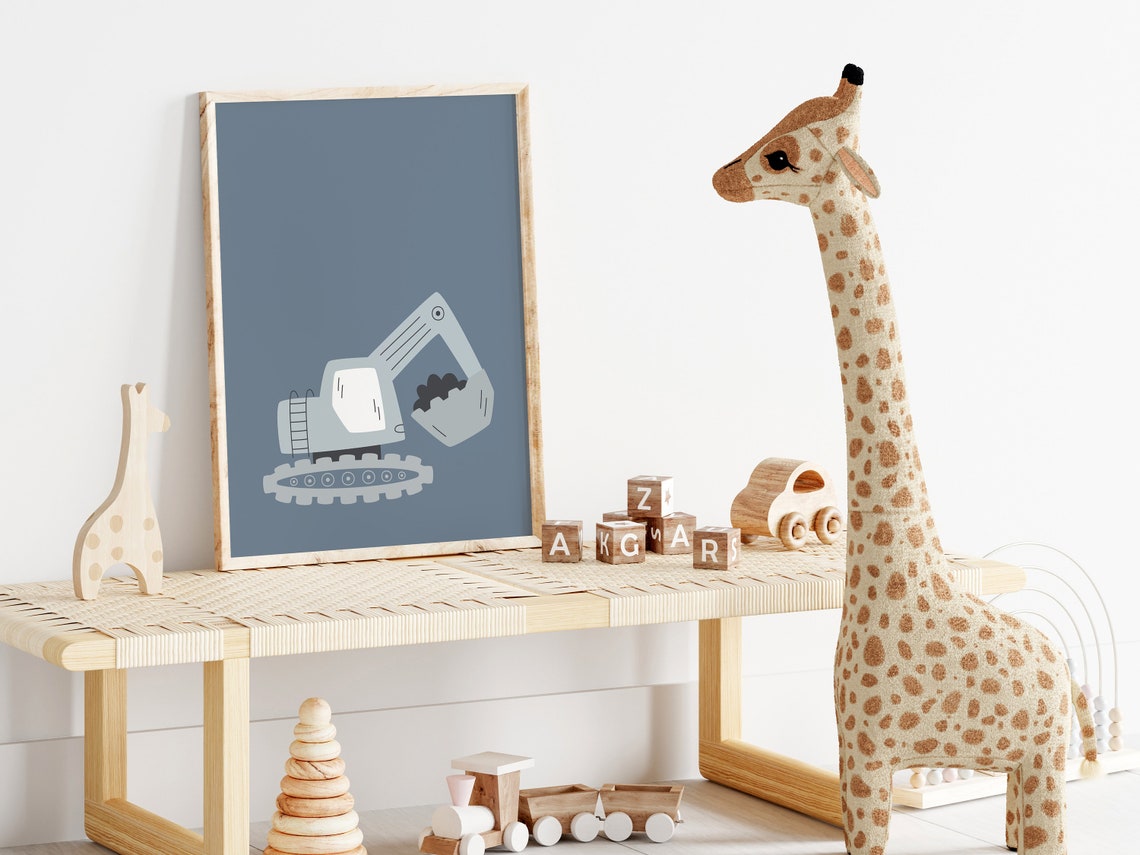 Gray Blue Excavator Nursery Kids Construction Digger Art Poster - Image 2