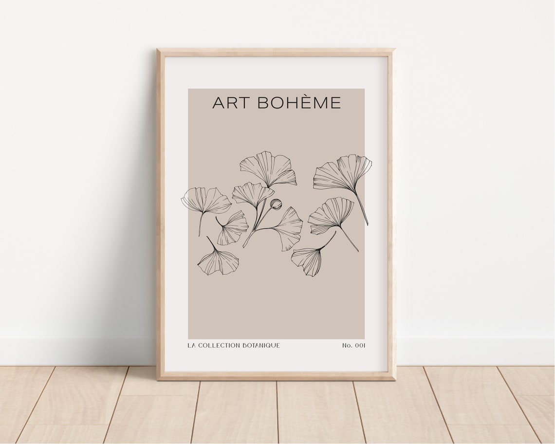 Art Boheme Ginkgo Leaf Botanical Line Drawing French Neutral Print
