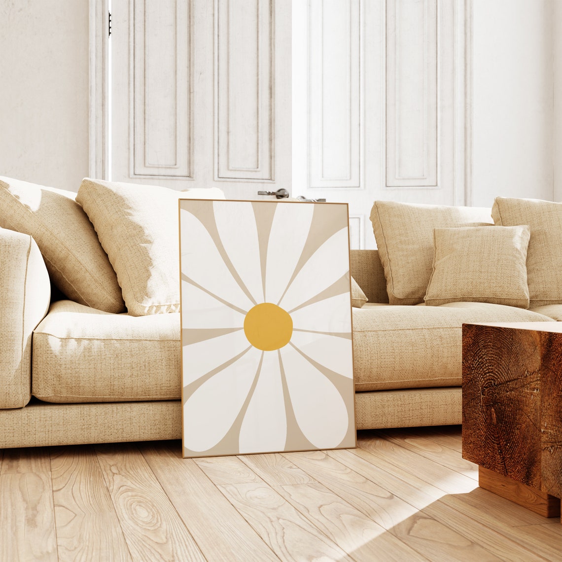 Retro Daisy Bloom Flower Beige Groovy Floral Neutral Art Poster