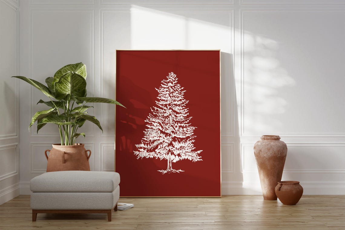 White Pine Tree Red Christmas Minimalist Holiday Tree Poster