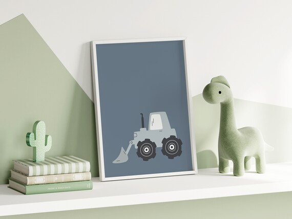 Blue Digger Excavator Construction Vehicle Poster For Kids Rooms
