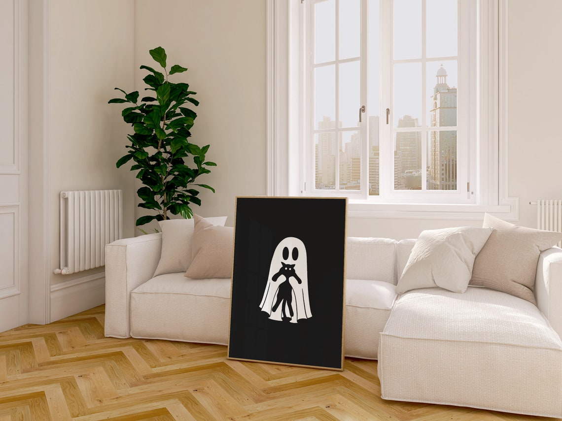 Halloween Ghost Holding Black Cat Spooky Black Background Poster - Image 3
