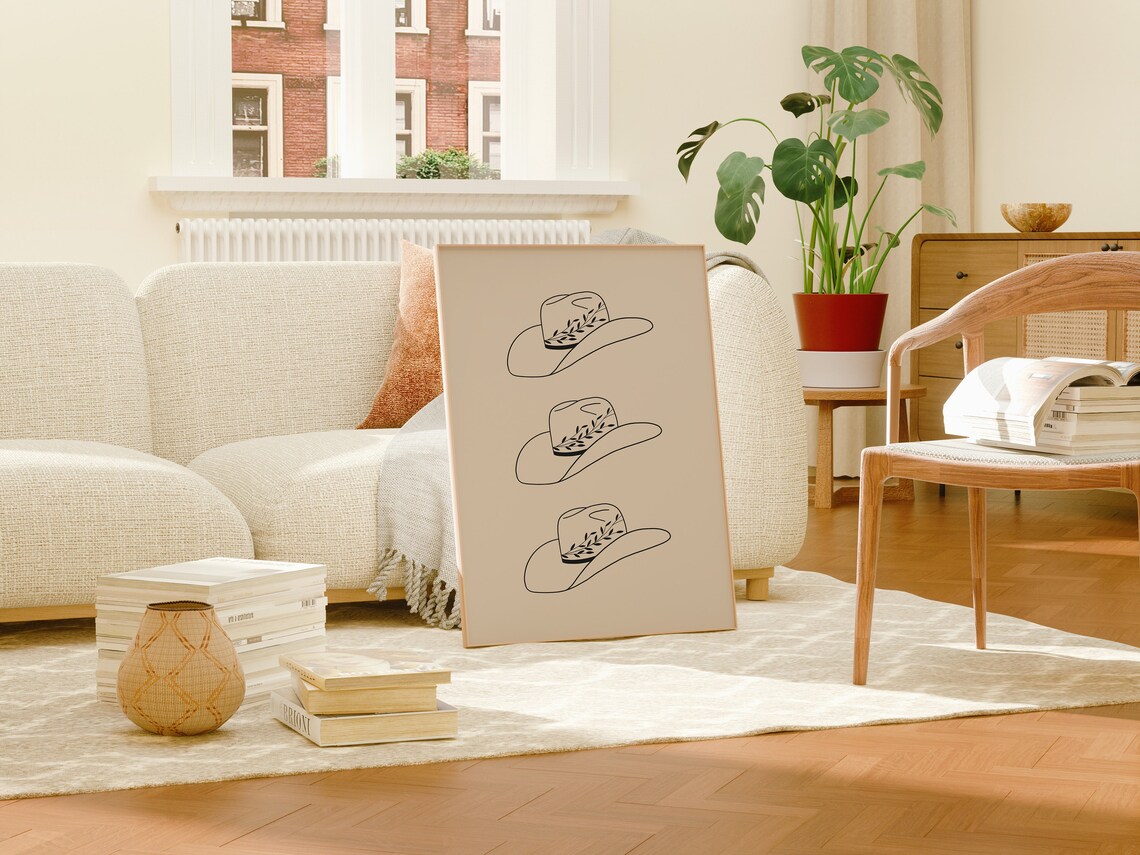 Cowboy Hats Line Art Stacked Trio Beige Western Minimalist Poster - Image 2