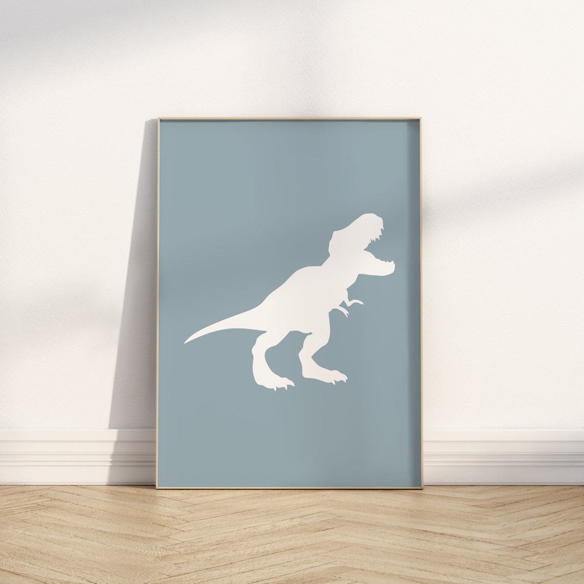 White T Rex Dinosaur Silhouette Blue Boys Nursery Print for Kids - Image 2