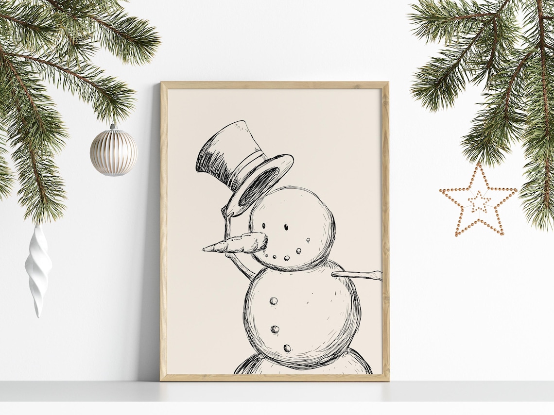 Snowman Print, Neutral Christmas Wall Art