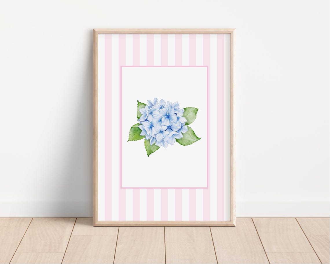 Blue Hydrangea Watercolor Pink Stripe Coastal Floral Nursery Poster - Image 3