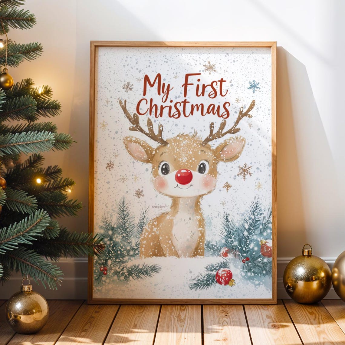 My First Christmas Baby Reindeer Poster Cute Nursery Room Decor