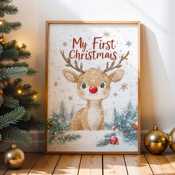 My First Christmas Baby Reindeer Nursery Print For Room Gift