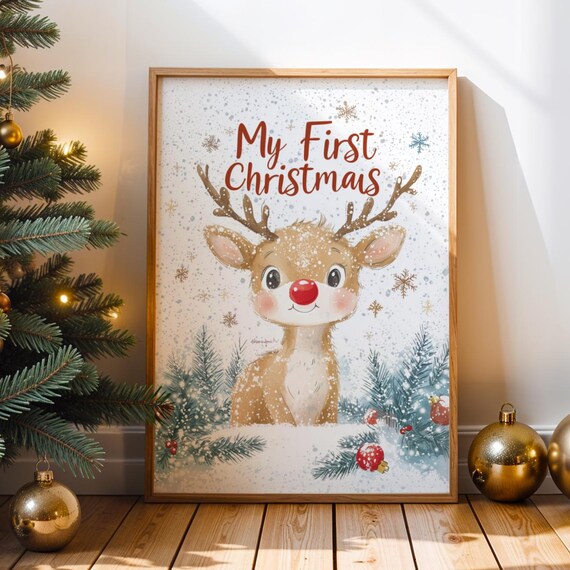 My First Christmas Baby Reindeer Poster Cute Nursery Room Decor