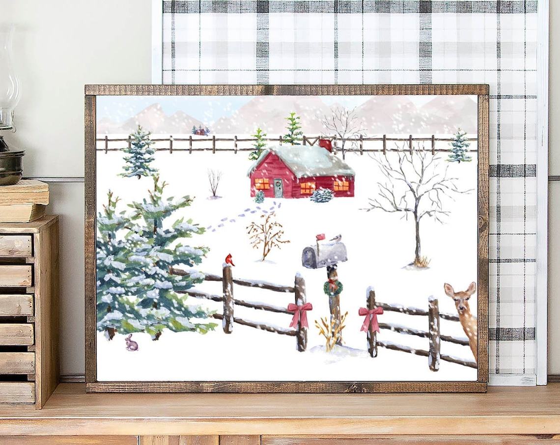 Country Christmas Red Cabin Snowy Fence Deer Winter Scene Poster