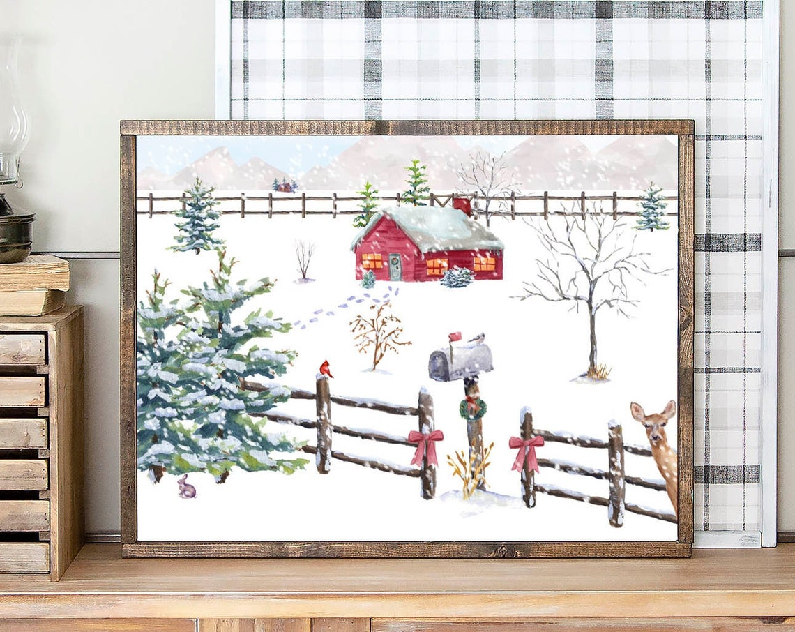 Country Christmas Red House 5x7 8x10 11x14 16x20 18x24 Snow Scene Deer Holiday Decor Watercolor Winter Print Farmhouse Diy Decor