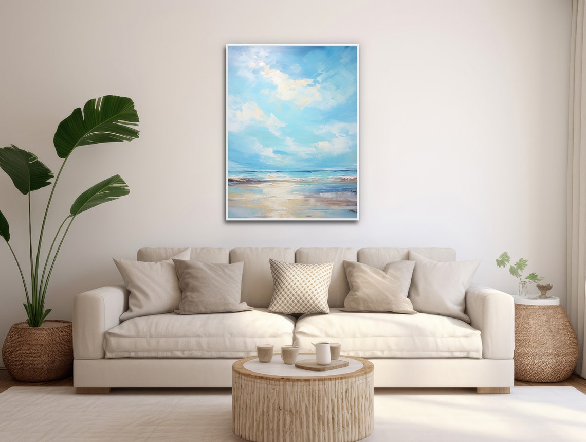 Serene Light Blue Abstract Seascape Under Soft Cloudy Sky Poster - Image 3