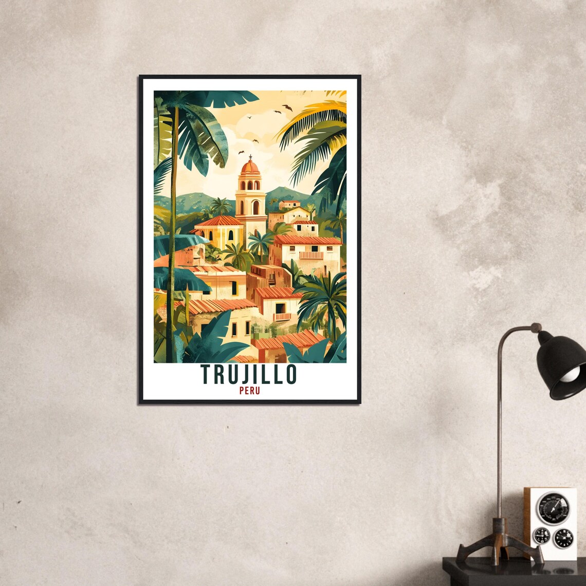 Trujillo Peru Colonial Town Palm Church Scene Illustration Poster - Image 3