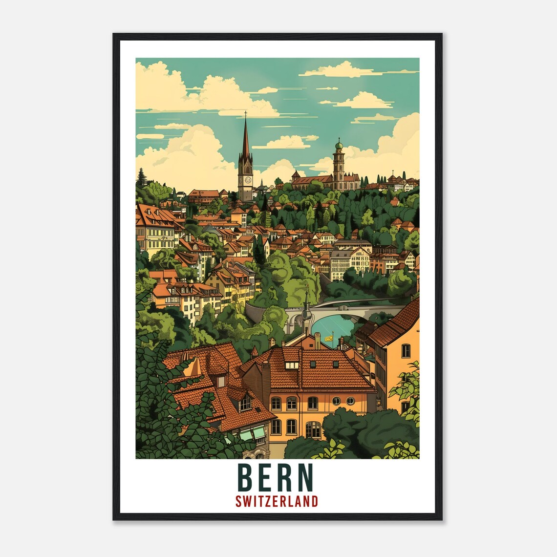 Bern Switzerland Old Town Spire Rooftops Green Hills Travel Poster - Image 4