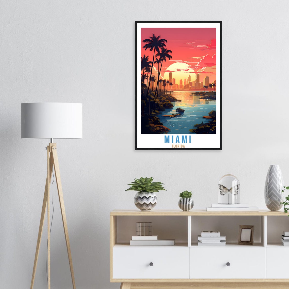 Miami Florida Skyline Sunset Palms Big Sun Waterfront Travel Poster - Image 2
