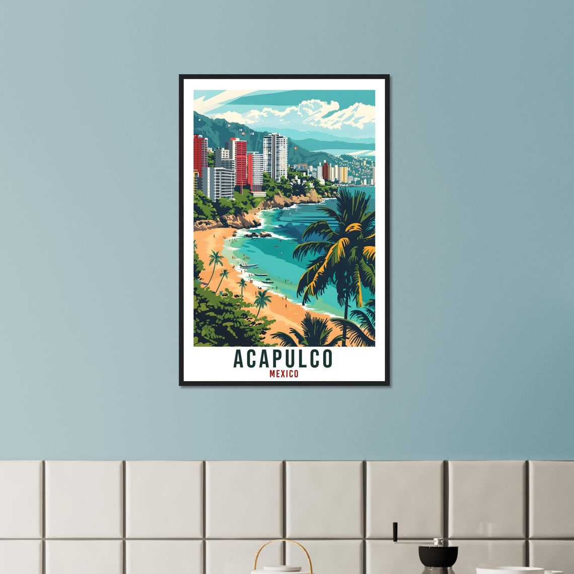 Acapulco Mexico Pacific Bay Beachfront High Rise Cliffs Palm Fronds Poster - Image 2