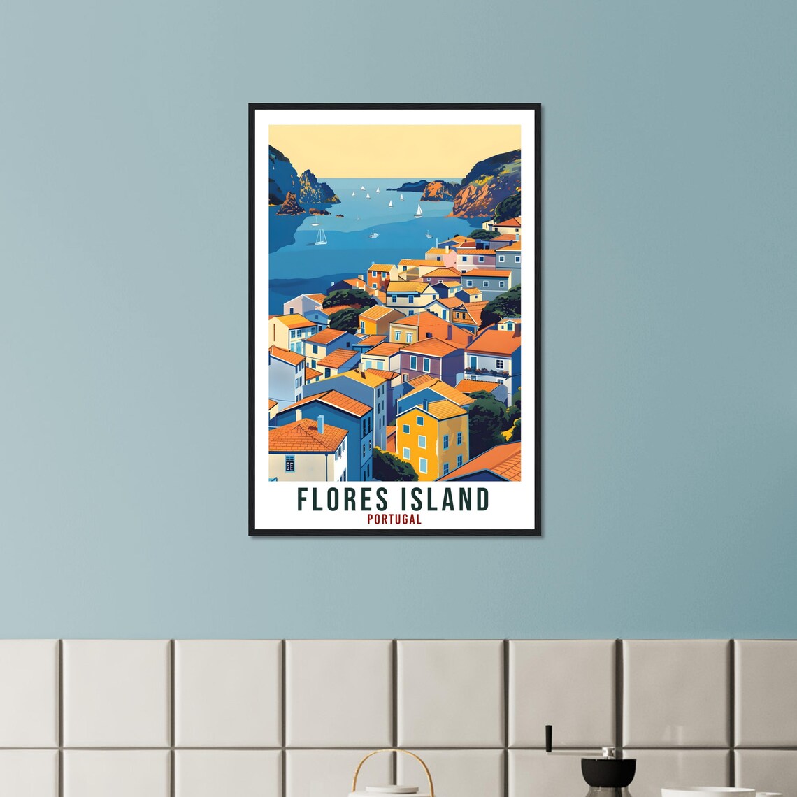 Flores Island Portugal Colorful Village Bay Sailboats Travel Poster - Image 3
