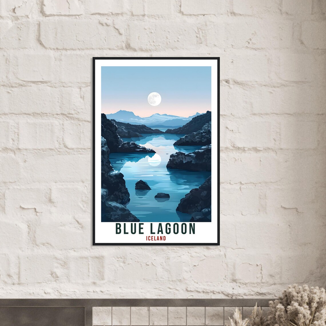 Blue Lagoon Iceland Night Scene Moonlit Lava Rocks Travel Poster - Image 3