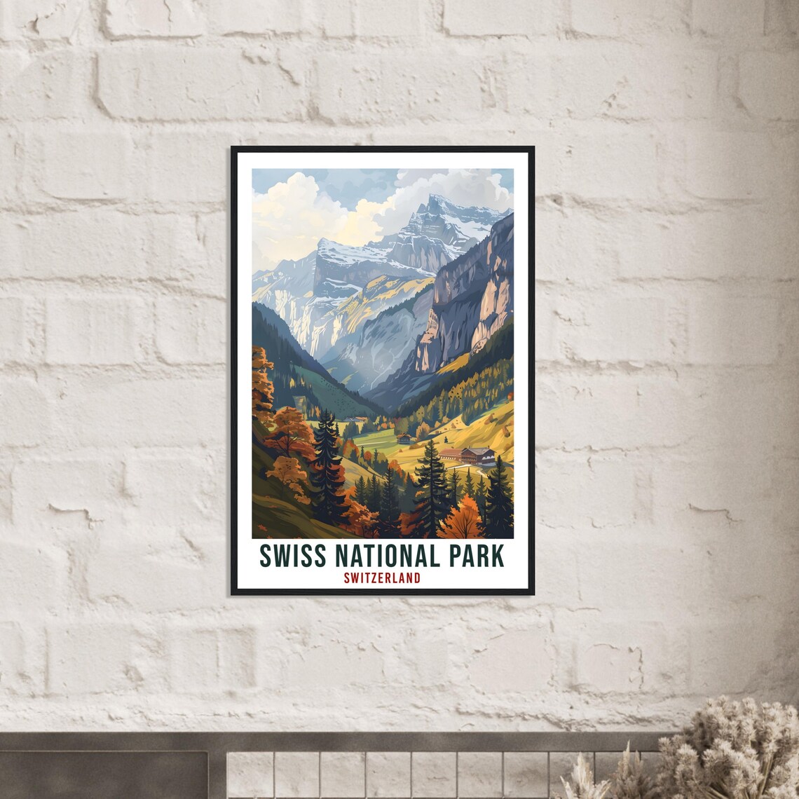 Swiss National Park Alpine Valley Chalets Autumn Pines Travel Poster - Image 2