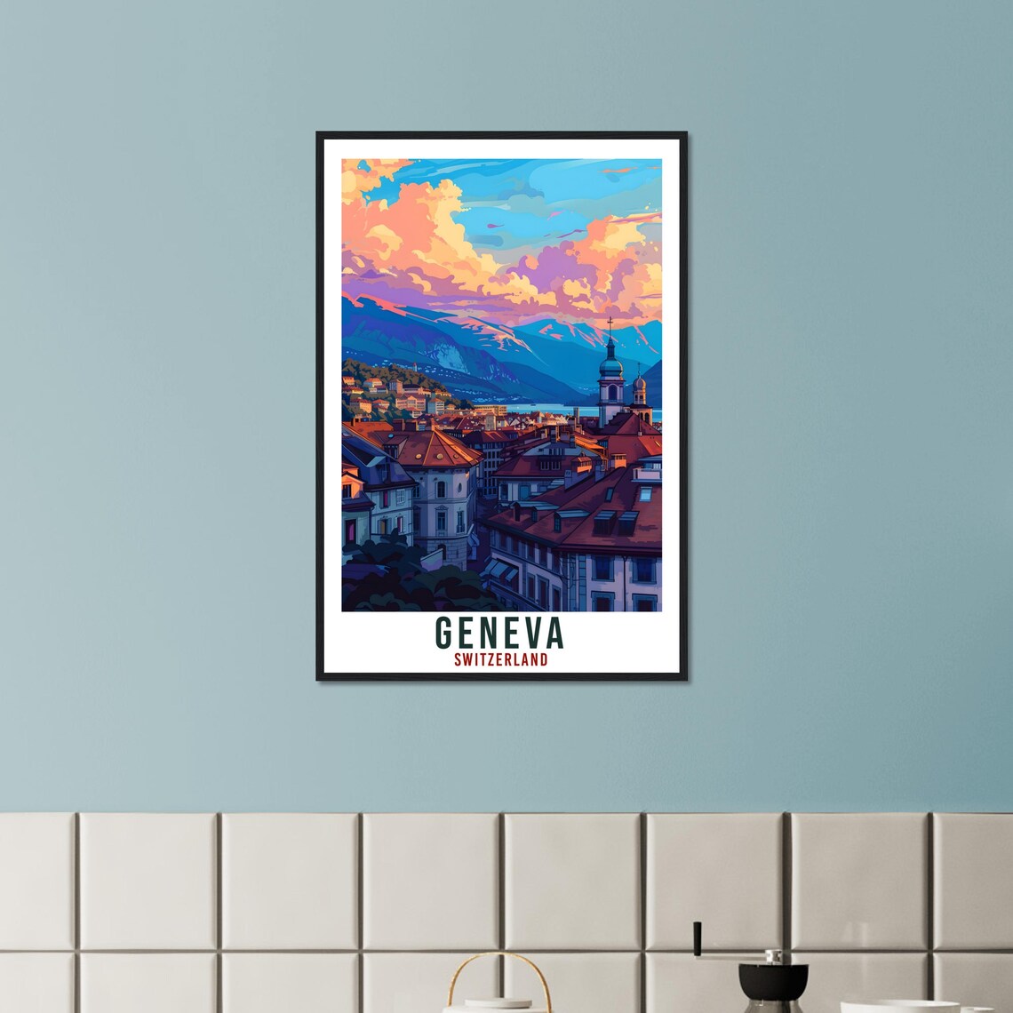 Geneva Switzerland Sunset Church Steeple Mountain View Travel Poster - Image 3