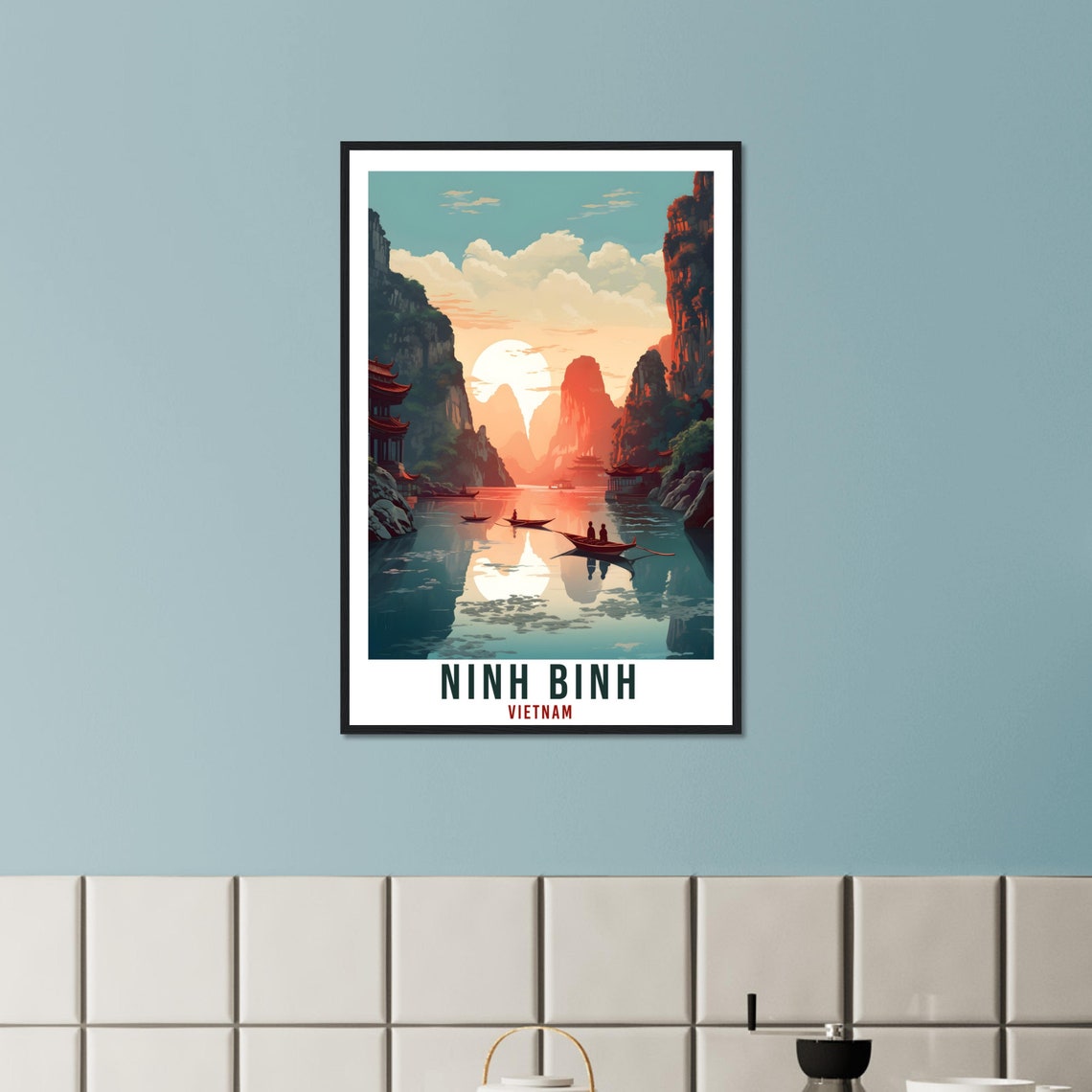 Ninh Binh Vietnam Karst Cliffs River Boats Sunset Travel Poster - Image 3