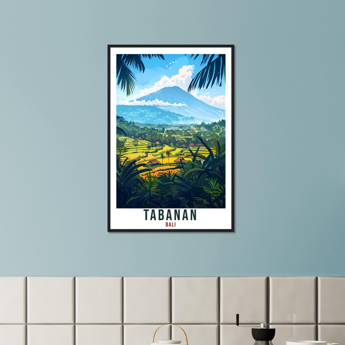 Tabanan Bali Daytime Rice Terraces Volcano Illustrated Art Poster - Image 2