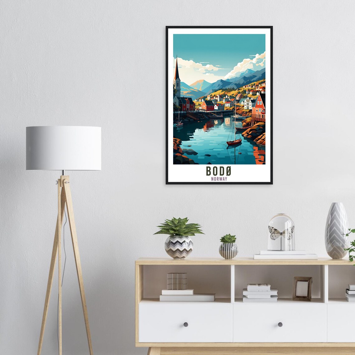 Bodo Norway Harbor Travel Poster Sailboats Fjord Mountain Town - Image 2