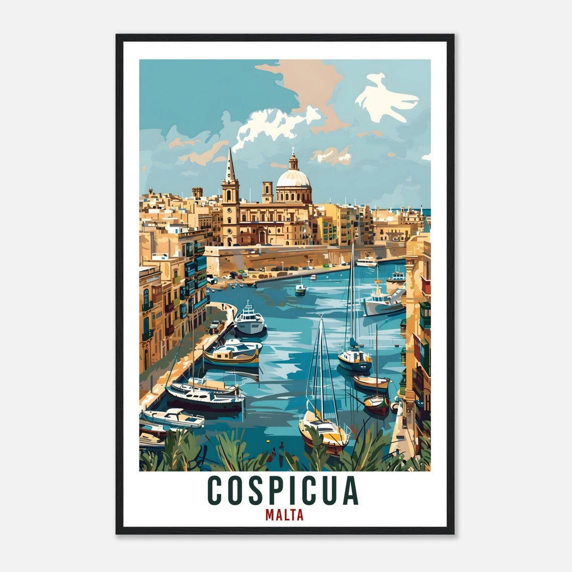 Cospicua Grand Harbour Sailboats Dome Church Malta Vintage Poster - Image 4