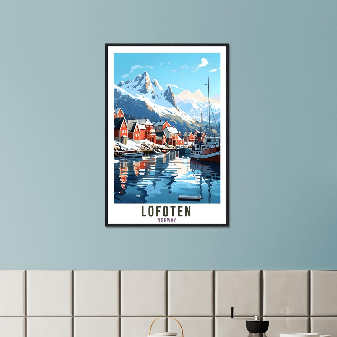 Lofoten Norway Arctic Fishing Village Red Cabins Mountain Poster - Image 2