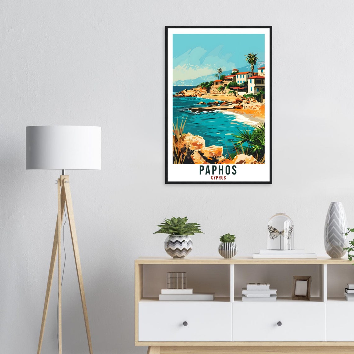 Paphos Cyprus Rocky Cove Village Palms Turquoise Surf Poster - Image 3