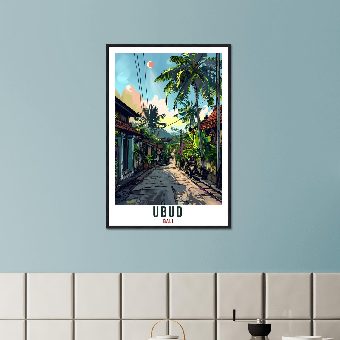 Ubud Bali Tropical Palm Street With Scooter Retro Travel Poster - Image 2