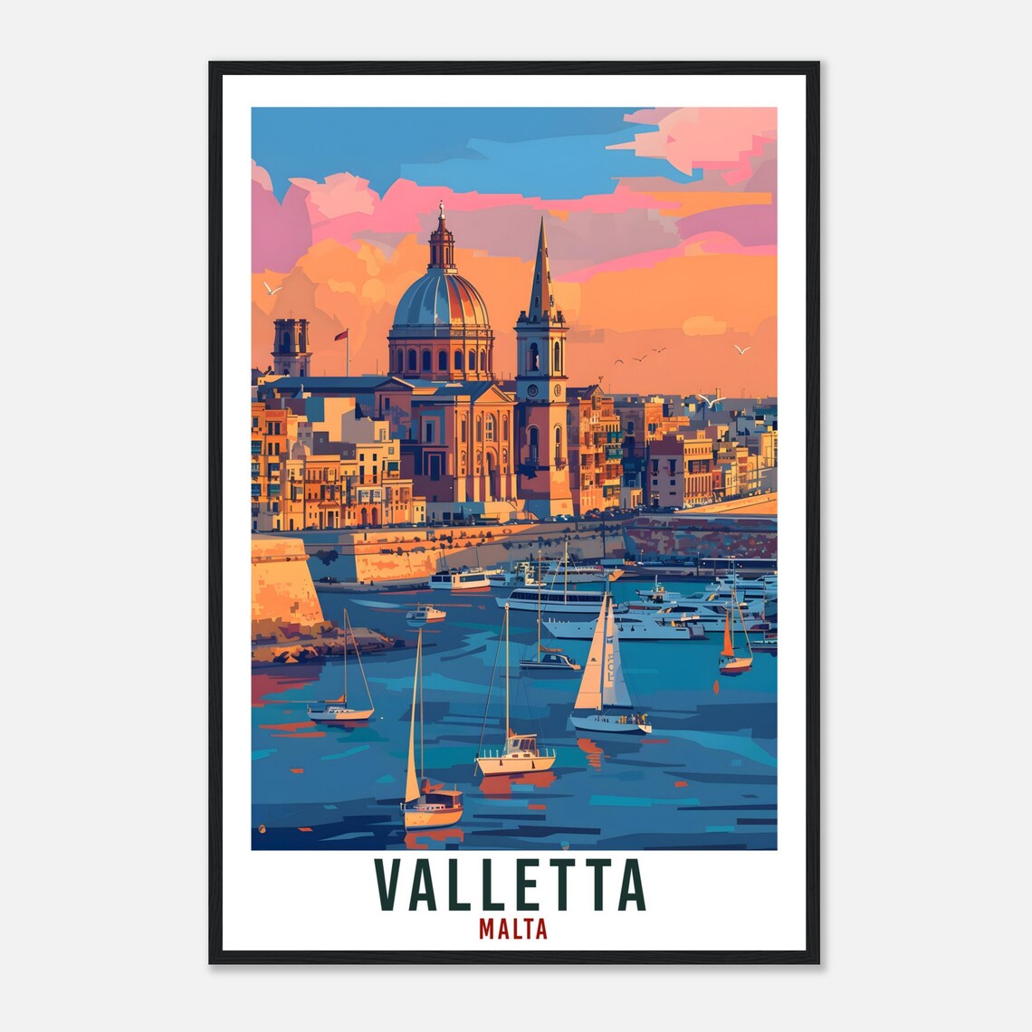 Valletta Malta Grand Harbor Sailboat Sunset Retro Travel Poster - Image 4