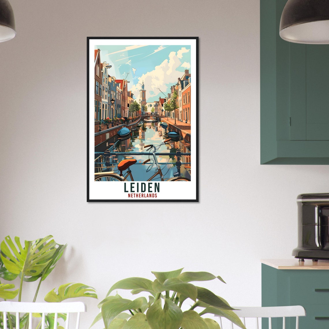 Leiden Netherlands Canal Bicycle Bridge Vintage Travel Poster - Image 2
